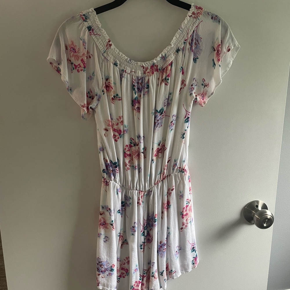 Hollister White and Pink Off-Shoulder romper